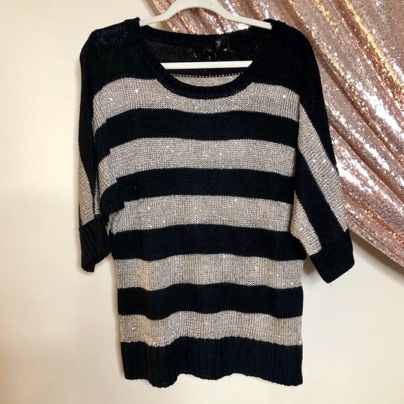 -Tan & Black Striped Knit Sparkle Sweater - Picture 9 of 12